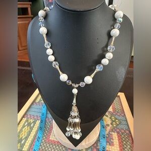 Faux Pearl & Crystal Tassel Lariat Necklace gold -Tone